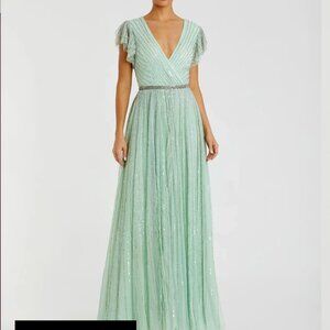 Mac Duggal Green Sequined Wrap Over Ruffled Cap Sleeve Gown NWT
